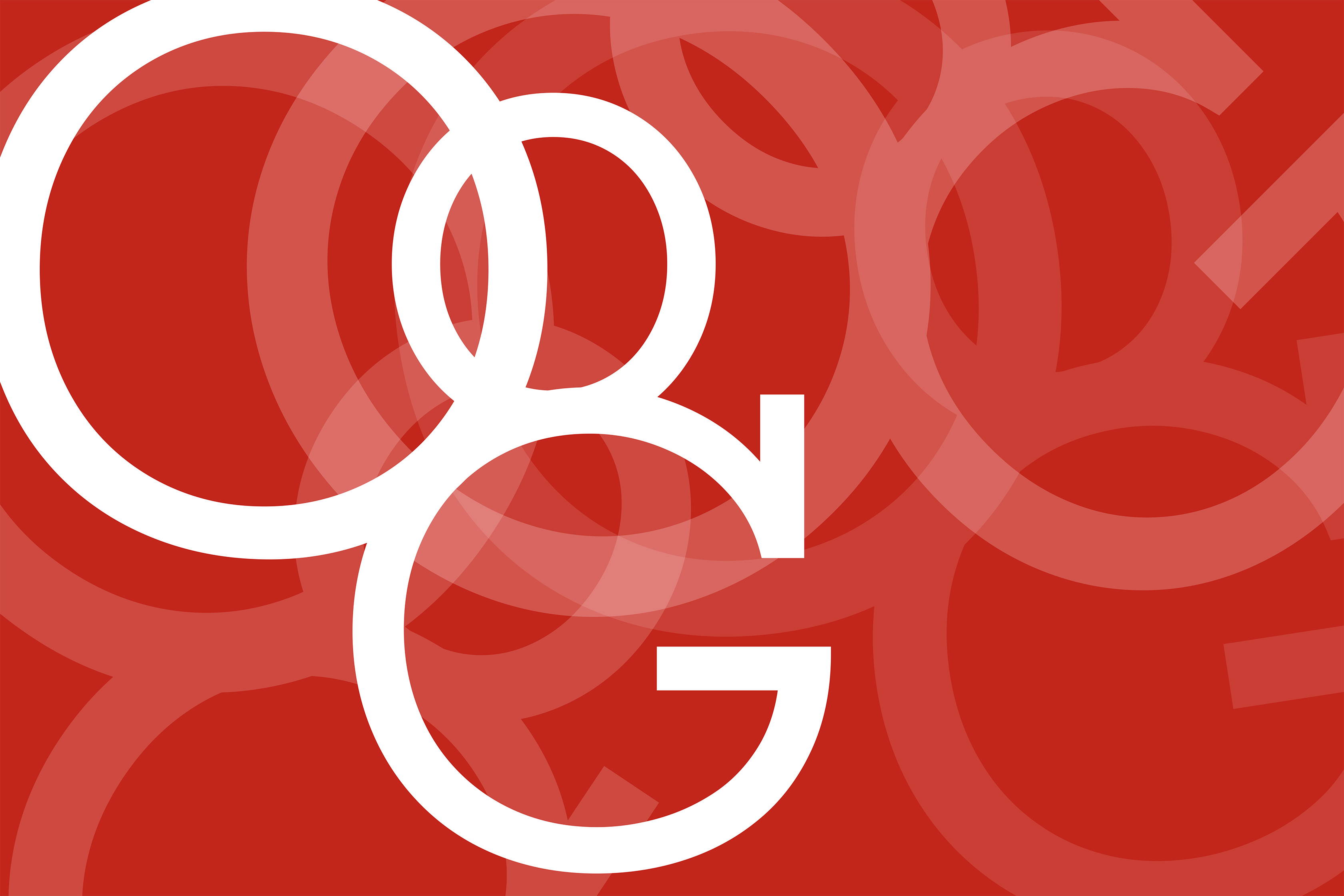 Large OoG logo multiple times and opacities overlaying red background