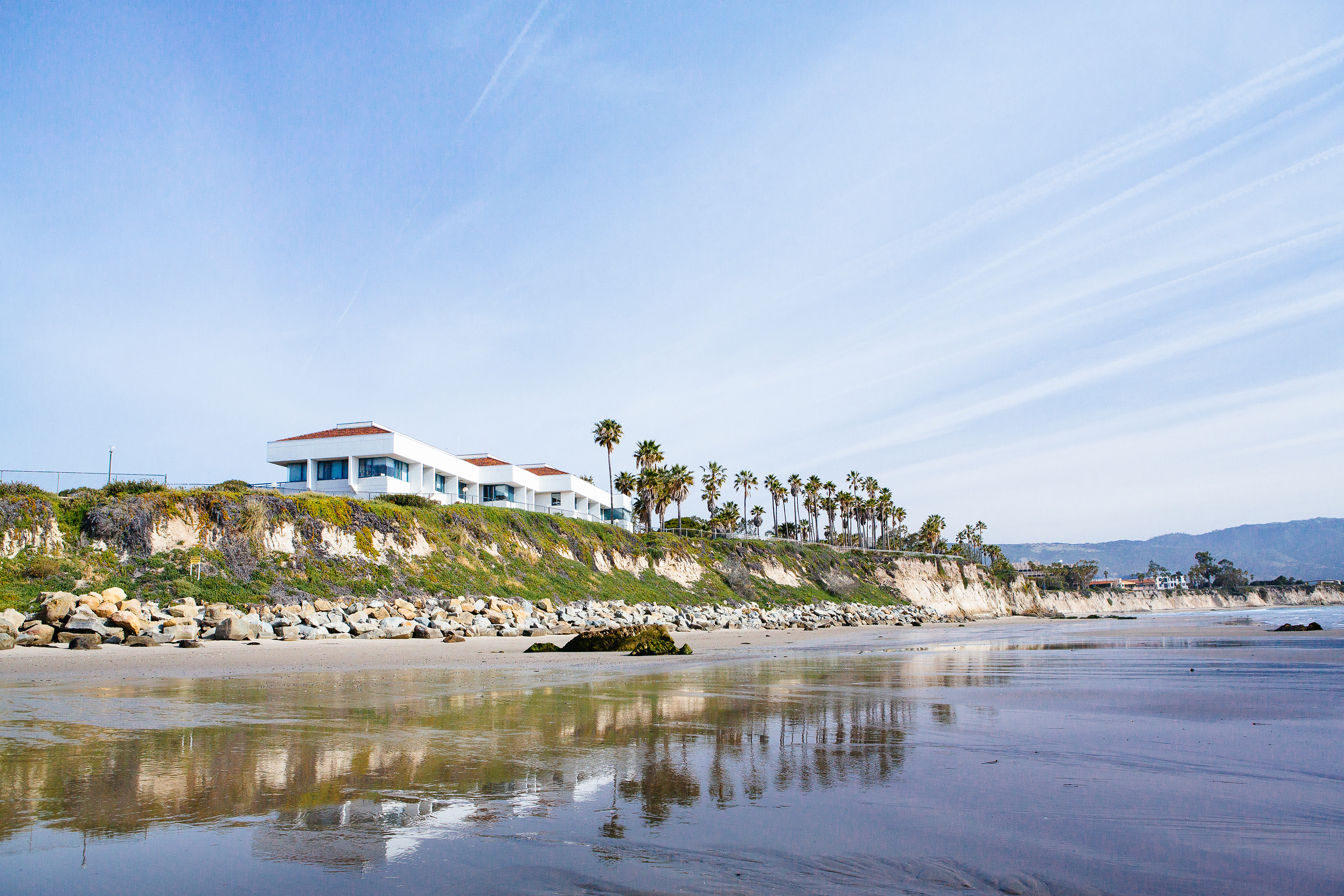 VIew of Marine Biotech building from Campus Pt beach