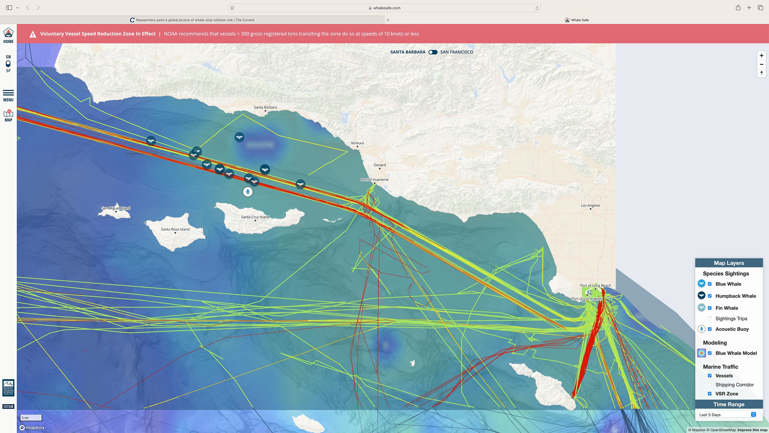 Screenshot of map created with Whale Safe that show whale vs shipping paths in SB Channel