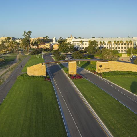 Aerial view of UCSB campus with Henley gate in foreground