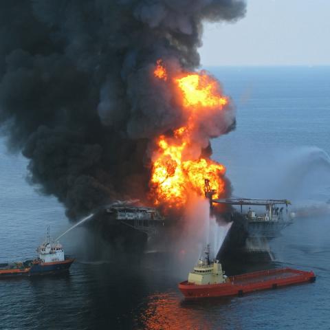 Deepwater Horizon offshore drilling unit on fire 2010