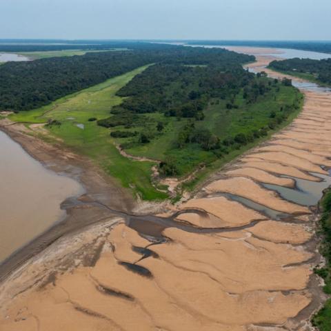 Aerial view showing Lake Tefé severe drought