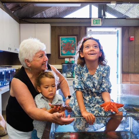 Betty Elings Wells with grandkids holding sea stars at the REEF touch tanks 