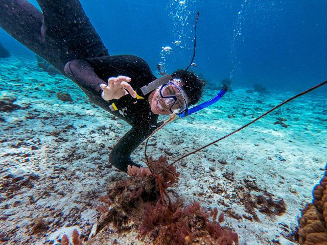 Hayden snorkling facing camera