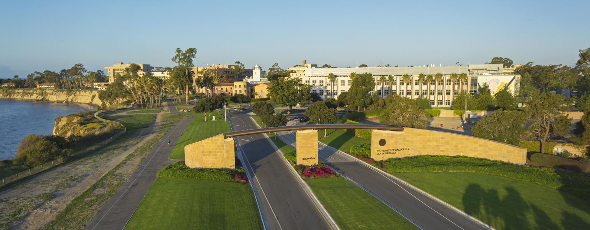 Aerial view of UCSB campus with Henley gate in foreground