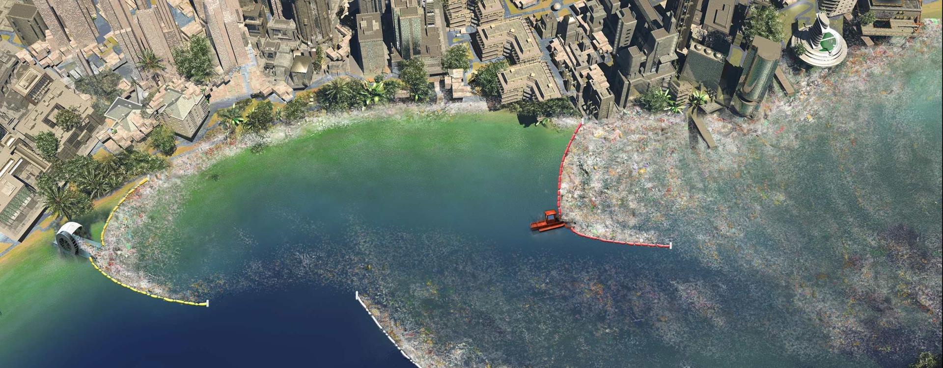 Aerial view of various plastic collection technologies in a river flowing through a city, with skyscrapers lining the banks