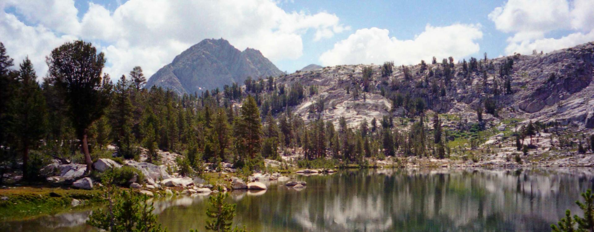 View of lake and mountains of south of Evolution Valley in Kings Canyon National Park