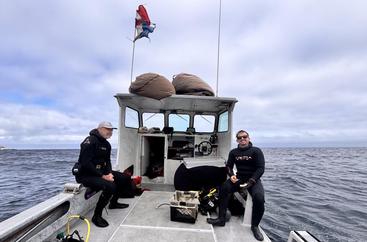 Taxonomist and technician prepare to dive from boat to retrieve reef monitors