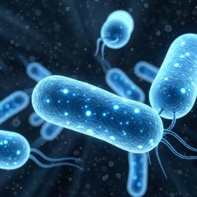 Blue microbes floating on black backgound