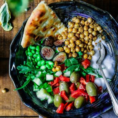 Top view of a table with healthy, nutritious food