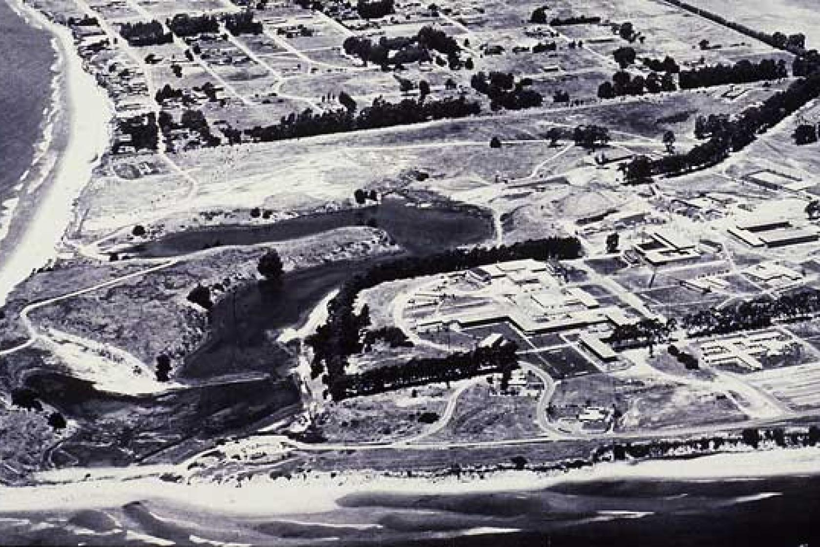 UCSB Campus Pt. aerial view, black and white archival photo -70s